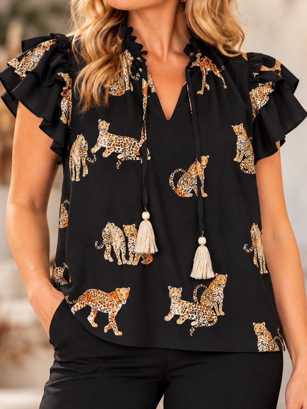 THML S Relaxed Fit Black Leopard Animal Print Blouse Flutter Sleeves Tassel Tie